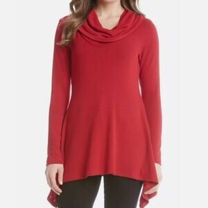 Karen Kane Red Cowl Neck Handkerchief Asymmetric Hem Tunic Sweater Womens Small